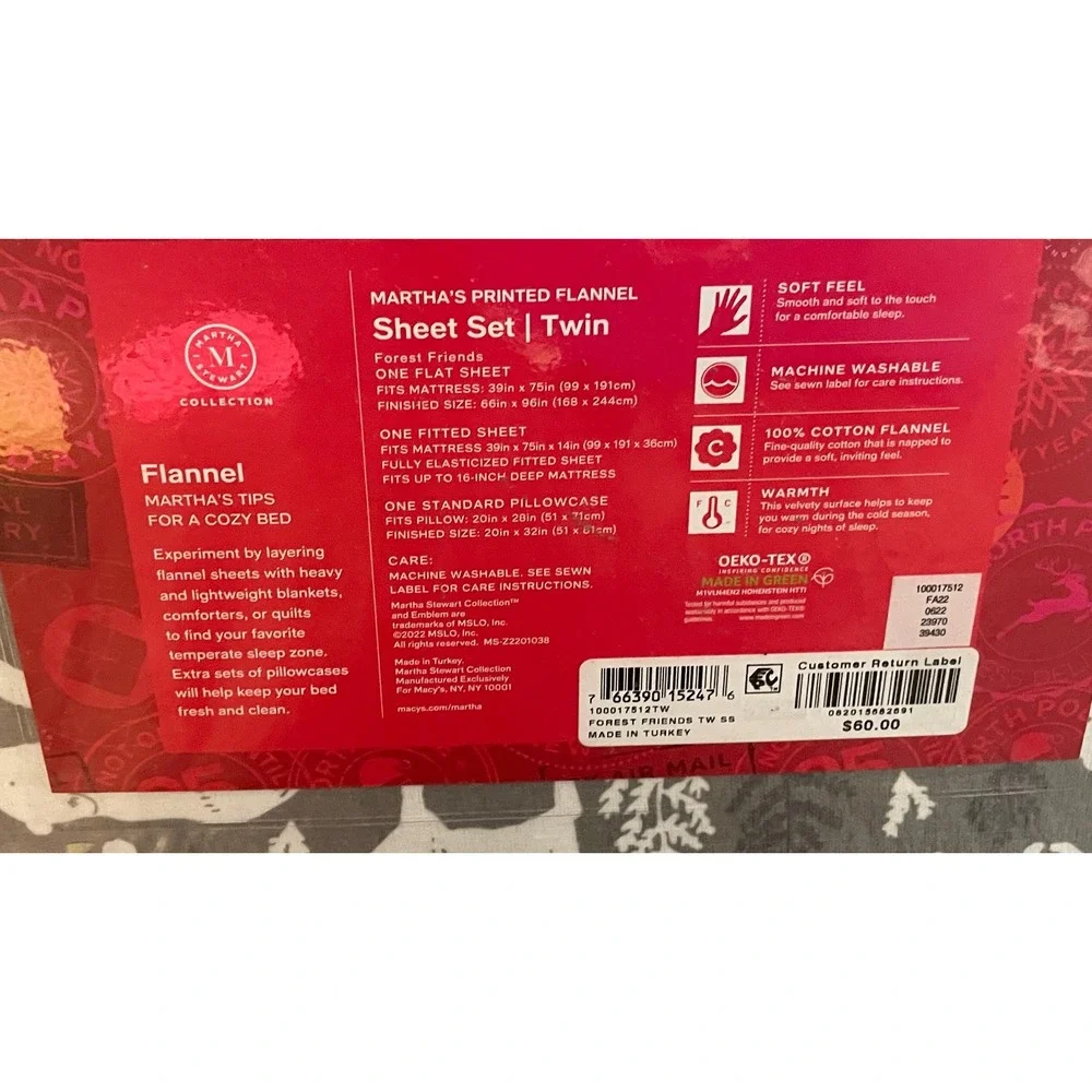 Martha Stewart Collection Flannel Sheet Set Twin Forest Friends Gray Cotton NEW